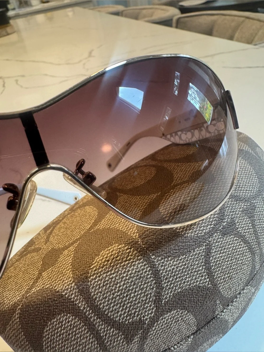 Women’s Coach Leanne S566 wrap golden sunglasses. White with signature C